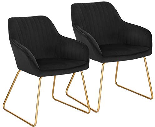 WOLTU Esszimmerstühle 2er Set Küchenstühle Wohnzimmerstühle Polsterstühle Sessel, Armlehnstühle mit Rückenlehne, für Esszimmer, Küche, Wohnzimmer, Samt, Gold Metallbeine, Schwarz, BH246sz-2
