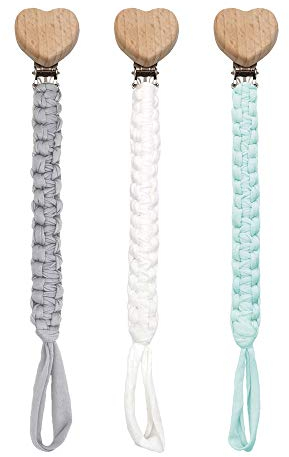 3 Stück Schnullerkette Baumwolle Schnullerband Baby Schnullerketten für Neugeboren Mädchen und Jungs Lätzchen (Weiß + Grau + Blau)
