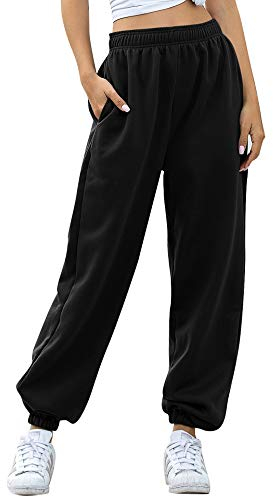 Nuofengkudu Damen Dick Warme Sporthose Laufhosen Jogginghose Gummibund Sweathose Taschen Stoffhose High Waist Hosen Bequeme Lockere Lässige Freizeithose Loungewear Outdoor Winter(Vlies-Schwarz,XL)