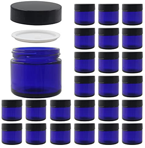BPFY Lot de 24 bocaux cosmétiques ronds en verre bleu de 56,7 g avec doublures intérieures et couvercles noirs, bocaux de voyage, récipients rechargeables pour maquillage, crème, lotion, gommage, fard