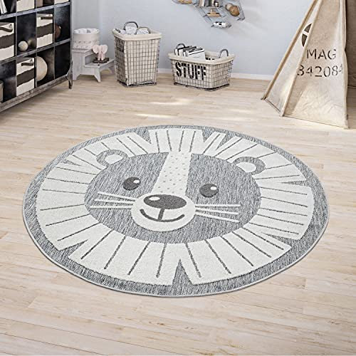 Paco Home Kinderteppich Kinderzimmer Outdoorteppich Rund Spielteppich 3D Effekt Löwe Grau, Grösse:Ø 120 cm Rund