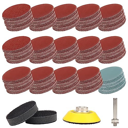 SI FANG 300Pcs 50mm Sanding Discs with 1/4 Shank Backer Plate & 2Pcs Foam Interface Pad Buffing Pads, 2inch Hook and Loop Drill Sanding Attachment, 60/120/ 180/240/400/600/800/1000/2000/3000 Grit