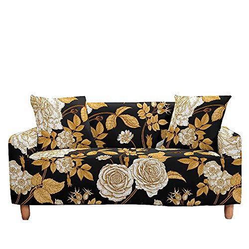 FANSU Stretch Sofabezug Stretch Antirutsch Sofaüberwürfe mit Armlehnen,3D Rosen Druck Ecksofa L Form Sofa/Couchbezug/Sesselbezug für Wohnzimmer Wohnkultur (goldenes Blatt,1 Sitzer/90~140cm)