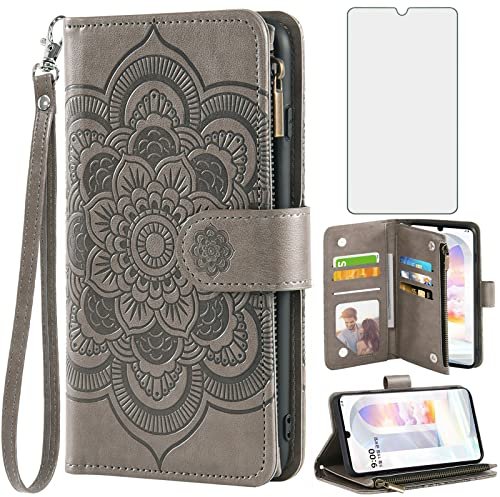 Asuwish Compatible with LG Velvet 5G/LGVelvet Verizon G5 UW T-Mobile 2020 Wallet Case and Tempered Glass Screen Protector Flip Card Holder Stand Cell Phone Cover for LM G900UM 4G Tmobile Women Grey