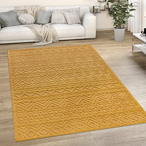 Paco Home Outdoor Teppich Wetterfest Balkon Boho Wohnzimmer Küche Skandinavisch Muster Einfarbig 3D Effekt Modern, Grösse:200 cm Rund, Farbe:Gelb