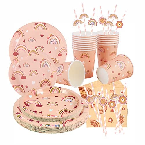 SUNBEAUTY 80 Piezas Boho Arco Iris Cumpleaños Vajilla, Platos de Papel para Niños, Incluyendo Tazas, Servilletas, Pajitas y Platos Bohemios