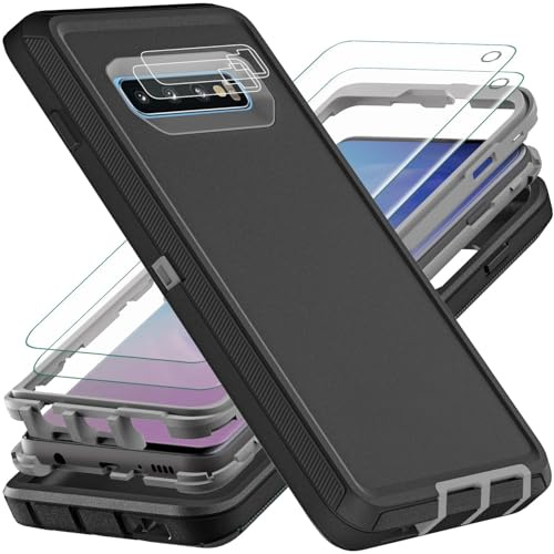 YmhxcY Hülle für Galaxy S10 mit Samsung S10 mit 2-teiligem Hydrogel-Film und 2-teiligem Kameraobjektiv-Schutzfilm,3-in-1 Anti-Drop-Schutzhülle für Samsung Galaxy S10-Schwarz/Grau