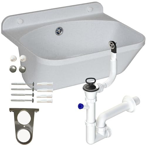 botle Lavabo avec siphon bec verseur en plastique blanc couleur granit 45 cm de longueur suspendu installation d'eau cuisine salle de bain robuste