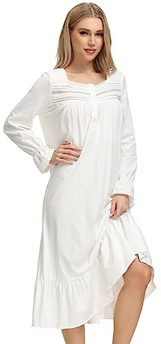 Verve Jelly Women's Vintage Nightgown Long Sleeve Nightdress Lace Victorian Nightwear Lounge Maternity Nursing Nightgown Nightdress White 3 L