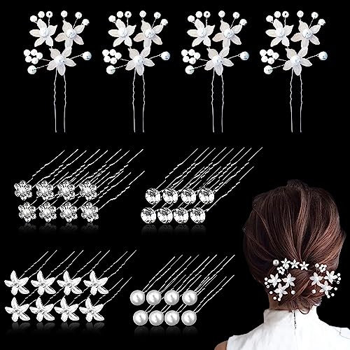 36 Pcs Épingles à Cheveux de Mariage, bijoux Mariée en forme de U,Perle Fleur Cristal Strass Pinces À Cheveux Demoiselle D'honneur Accessoires Pour Femmes Filles