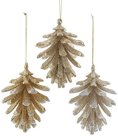 Kurt Adler Tannenzapfen, 10,4 cm, goldfarben mit silberfarbenem Glitzer, 3 Stück