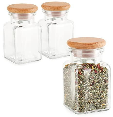 COM-FOUR® 3x pots à épices - pot de conservation avec couvercle en bois et bague d'étanchéité - pot en verre pour thé, herbes et épices - récipient pour la cuisine (150ml - 3 pièces)