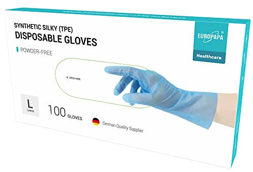 EUROPAPA® 100, 200, 300, 450 Pezzi, Guanti Monouso In TPE, Trasparenti E Blu, In Scatola, Guanti Monouso Senza Lattice, Guanti In Gomma Senza Polvere, Taglia S, M, L, XL (Blu 100, L)
