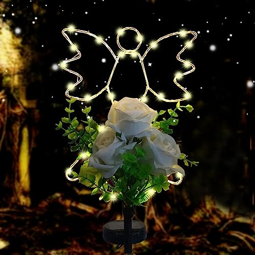 Lmtcos Solar Engel Lichter für Friedhof Grab Dekorationen, Wasserdicht Engel mit Rose Memorial Friedhofslichter, Solar Engel Grablichter für Muttertag Vatertag Gedenktag Weihnachten Grab Dekor