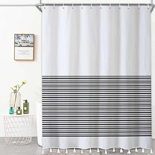 Bovlleetd Bianco e Nero Nappa Tenda da Doccia Boho Moderna Fattoria Tenda da Bagno Geometrico Tessuto a Righe Tenda da Doccia con Nappe per Bagno Home Decor 180x180cm
