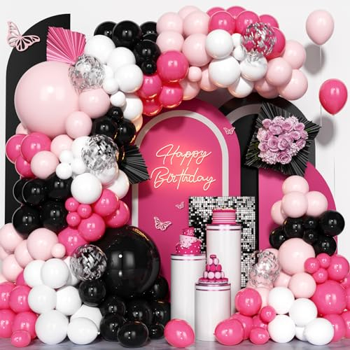 Ousuga Kit Arco Globos negro rosa, 154Piezas negro rosa rojo Blanco plata Confeti Globo Helio con Niña Mujere Cumpleaño Niño Aniversario Compromiso Mascarada Valentín Fiesta Retiro Decoración