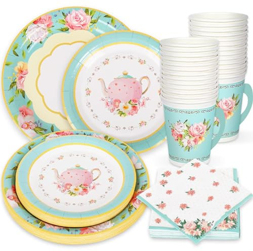 Whaline Tea Party Tableware Supplies Serves 24 Spring Floral Tea Party Disposable Paper Dinnerware, 24 9 Plates 24 7 Saucer Plate 24 9oz Tea Cups with Handle 48 Luncheon Napkins