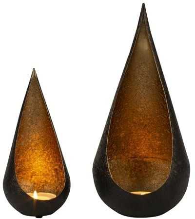 Modernes Windlicht aus Metall im 2er Set schwarz und innen Gold Höhe 22 cm und 32 cm Durchmesser 10 und 15 cm