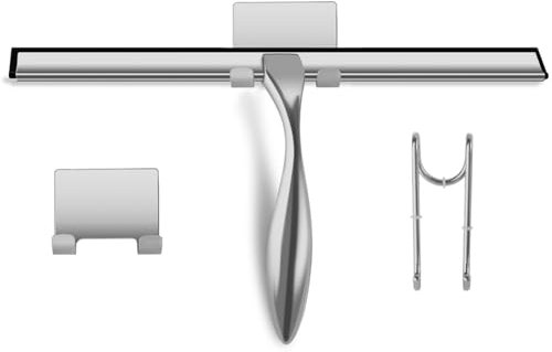 peafowl Shower Squeegee Stainless Steel Bath Squeegee for Shower Glass Doors Bathroom Windows Kitchen Mirror and Car Glass with Hooks Holder (14 inch, Brushed Silver)