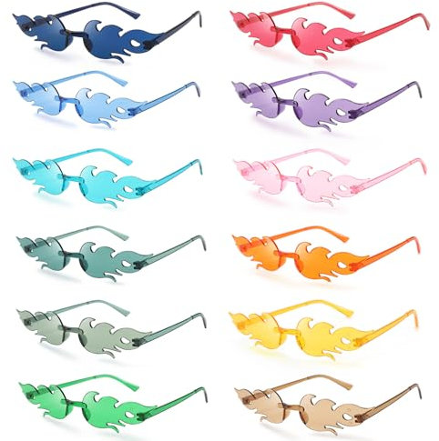 Flammen Sonnenbrille, 12 Stück Flammen Brillen, Randlose Bunte Brillen, Flammenform Sonnenbrille, Neuheit Partybrille für Geburtstagsfeier Maskerade Party Dekoration Weihnachten Karneval 12 Farben