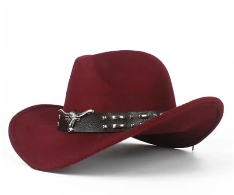 Cowboyhüte Frauen Herren Hollow Western Cowboy Hut Mit Tauren Gürtel Jazz Outback Jazz Cap 59-61Cm Wined