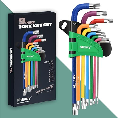 FitEasy® Lot de 9 clés Torx Torx avec code couleur, tailles T10-T50, jeu de clés Allen pour un usage professionnel, assemblage de meubles, réparation de vélos et d'appareils, bricolage domestique