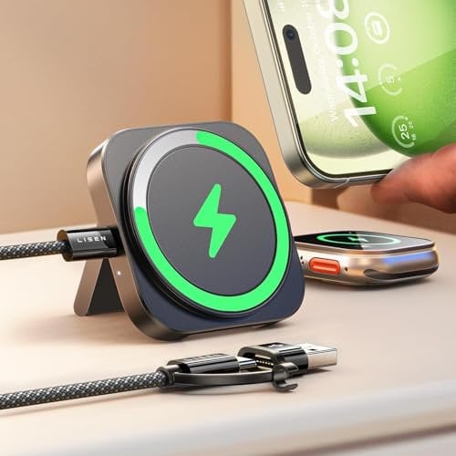 LISEN Magsafe Wireless Charger Stand for iPhone 16 Pro Max Apple Watch 3 in 1 Charging Station Dock Travel Magnetic Mag Safecharger Pad Office Accessories for iPhone 16 15 Pro 14 13 12 Mini iWatch 10