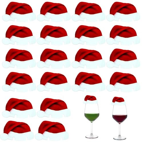 Weihnachtsmann mütze Tischkarten - 20 Stück Weihnachten Deko Glasmarkierer Weihnachten Tischdeko, Weihnachtstisch Deko Weinglasmarkierer für Weinglas, Tassen, Trinkglas, Glas Markierung Trinkgläser
