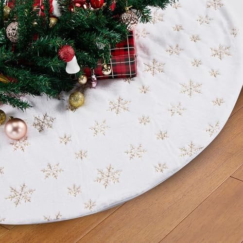 Virylon Weihnachtsbaum Röcke 90CM, weißer Weihnachtsbaum Decke mit goldenen Schneeflocken, Plüsch Baumrock für Urlaub Dekorationen Home Party