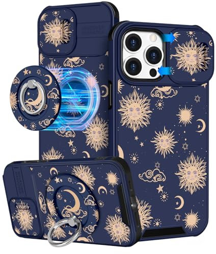 VincitoreModa for iPhone 15 Pro Case Women - [2in1] Cute Girls Sun Moon Stars Compatible with MagSafe Ring Stand Girly Slide Camera Cover Unique Design for Apple for iPhone 15 Pro Phone Case 6.1