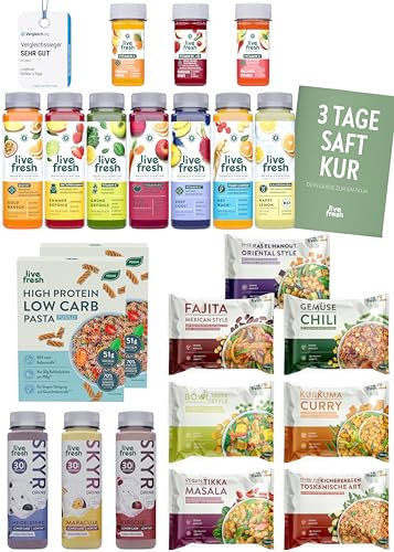 LiveFresh 3 Tage Saftkur + Shape Bundle | High Protein Paket mit 12 Skyr (250ml), 2 Pasta (250g) & 7 Fertiggerichte (400g) | Saftkur mit 21 Säften (250ml) & 9 Shots (60ml) | Inkl. 8,25€ Pfand