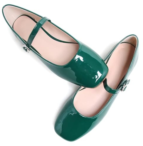 TN TANGNEST Flache Schuhe für Damen, Leder, bequem, quadratischer Zehenbereich, Retro, weich, Mary Jane Flats, PU 3 Grün, 38.5 EU