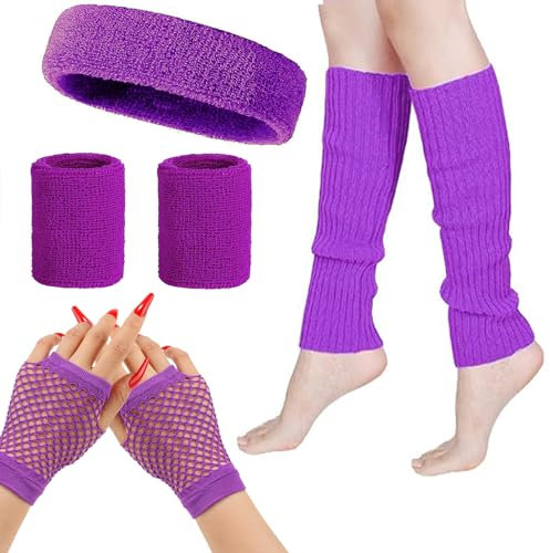 MUFEKUM 80s Fancy Dress Costumes Accessories, Leg Warmers Fishnet Gloves Headband Wristbands Sweatbands Neon Set, 1980s Retro Theme Party Costumes Neon Party Accessories (Purple)