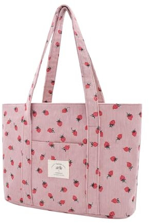 Damen Kord Groß Handtasche Tote Bag Shopper mit Reißverschluss für Bücher Reisen Alltag Schule Arbeit Einkauf (Pinkstrawberry, One size)
