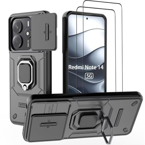 DERHAN Coque pour Xiaomi Redmi Note 14 5G (Pas 4G), Housse Résistant Aux Rayures avec Verre Trempé [2 Pièces] + Couvercle de Caméra Coulissant, Coque Antichoc avec Béquille - Noir