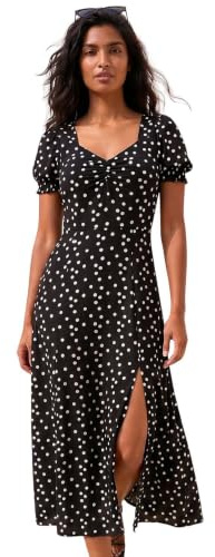 Roman Floral Print Dress for Women UK Ladies Sweetheart Neck Ruched Midi Maxi Long Length Short Sleeve Flattering Casual Summer Spring Party Evening Going Out - Noir White - Size 10