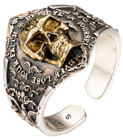 QTYQWC Bague Pinky Homme Argent Sterling 925 Bague Tête de Mort Dorée Gravée Fleur de Lys Taille S/M/L Ajustable