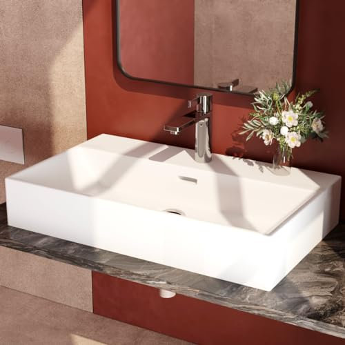 EMKE Lavabo Design Moderno – Lavabo Sospeso in Ceramica con Bordo Sottile, Lavabo per Bagno e WC Ospiti,600x360x130 mm,Bianco Lucido, Lavabo Quadrato, Lavabo da Appoggio