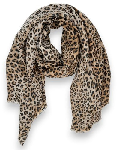 Ziona Leo Print Damen Tuch 178cm x 87cm Leopardenmuster Halstuch Frühling Schal (Beige-Braun-Schwarz)
