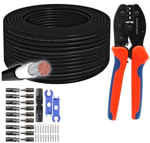 MANAX Solarkabel 6mm² - UV-beständig, flexibel, Photovoltaik Kabel, PV Kabel, Solar Anschlusskabel für Solarpanel & Wechselrichter - langlebig (Schwarz, 100m + Crimpzange + 10 Paar MC4 Solarstecker)