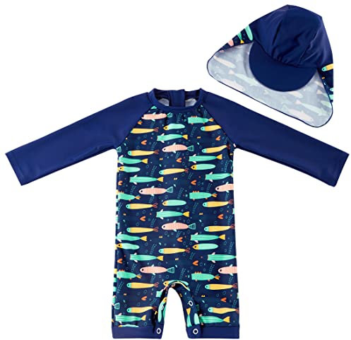 UMELOK Conjunto de Natación Bebé con Protección Solar Máxima UPF50+ - Diseño con Capucha, Mangas Largas y Material Transpirable 62/68 Pescado Azul