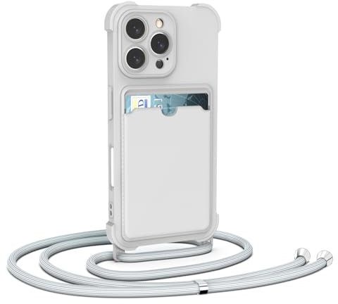 CAROKI Detachable Crossbody Lanyard Phone Case for iPhone 16 Pro,Liquid Silicone Protective Card Holder Case with Strap Adjustable Neck Cord Soft Cover-Grey