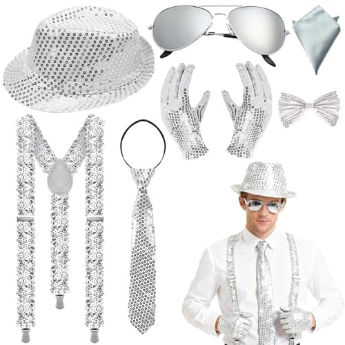 AXERHK 7 Stücke Glitzer Outfit Herren, Glitzer Kostüm Accessoires Herre mit Hut, Fliege, Krawatte, Hosenträger, Handschuhe, Brille, Einstecktuch, Disco Kostüm Accessoires für Halloween Fasching
