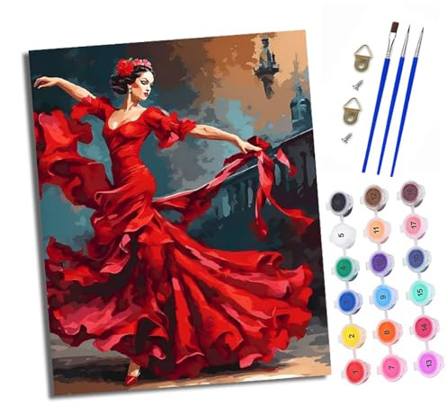 XXHXIE Peinture par Numéros pour Adultes Kit de Peinture à l'huile sur Toile par Numéro pour ou Débutants Danseuse de flamenco Avec Pinceaux Peinture à Dessin 40 x 50 cm Avec cadre