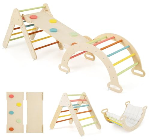 RELAX4LIFE 4 in 1 Triangolo da Arrampicata con Scivolo per Bambini, Arco da Arrampicata e Scala per Arrampicarsi in Legno, Montessori Giocattoli Bimbi 2 3 4 5 Anni (con Cuscino, Macaron)