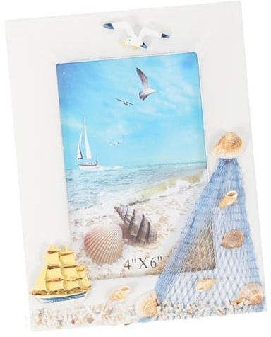 JOINPAYA Maritimer Holz Fotohalter mit Muscheln Vertikaler Bilderrahmen mit Robustem Stand für Schlafzimmer und Wohnzimmer als Dekorativer Fotodisplayrahmen