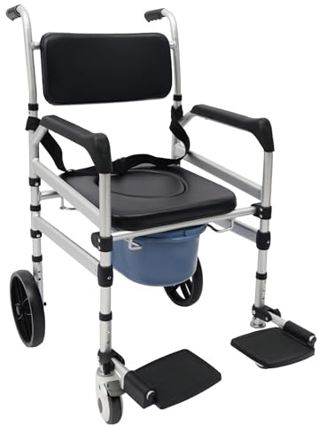Klappbarer Toilettenstuhl bis 150kg aus Aluminium,46-51cm Sitzhöhe Badezimmerrollstühle mit Toilette & Rollen mit Bremsen,Duschrollstuhl für Senioren und Mobilitätseingeschränkte (O-förmige Platte)