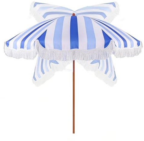 Parasol Solaire De Jardin Rétro À Rayures, Ombrellone De Plage À Franges Rayées 2M, Parasol De Patio Inclinable À 45° Et Réglable En Hauteur, Pour Piscine, Balcon, Plage Et Fête En Extérieur(Blue)