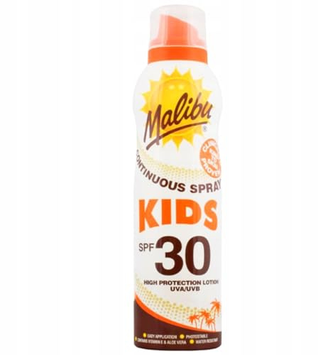 Malibu Kids Continuous Spray SPF30 175 ml, Sonnenschutzspray für Kinder, wasserfest, UVA/UVB-Schutz, 360° Spray, mit Vitamin E und Provitamin B5, vegan