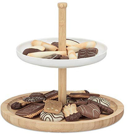 Relaxdays 10022185_347 Présentoir à gâteaux en bambou 2 étages céramique plat de service fruits apéritif DxH 25 x 25 cm, blanc-nature, Natur-weiß, 25 x 25 x 25 cm